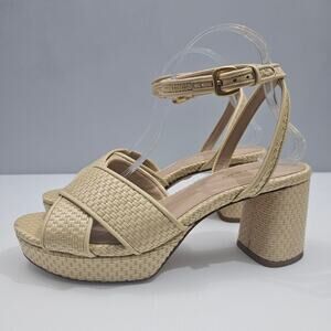 Veronica Beard Danika Sandal Women 9 Natural Raffia Woven Block Heel Ankle Strap